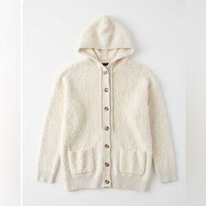 GAP Cream Boucle Hooded Cardigan Sweater Coat Wool Blend Button Front Pockets M